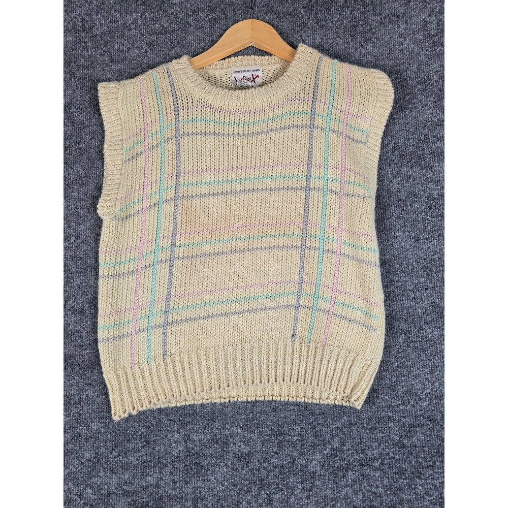Licorice Hand  Knitted Vest Cream Plaid Pattern Women's Medium‎